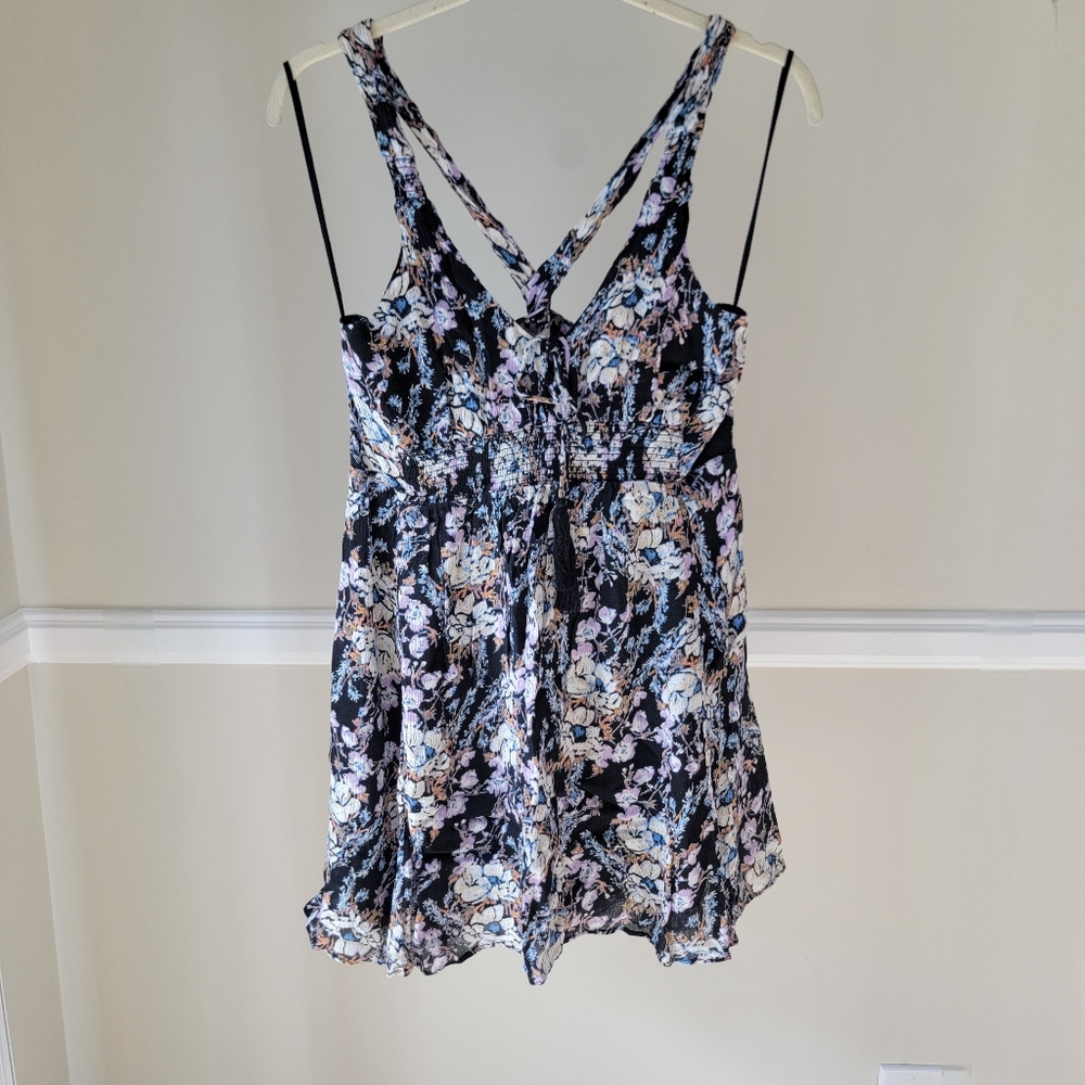 FREE PEOPLE Medium Keyhole Racerback Floral Tank Blue Black Strappy